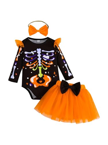 Monduelle Disfraz de Halloween para bebé, disfraz de esqueleto, falda de tutú + cinta para la cabeza, disfraz de calabaza de Halloween, naranja, 62-68
