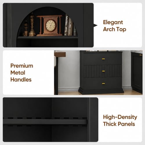 Image of ivaniti 71 inch Arched Kitchen Pantry Cabinet Set of 4 with 12 Drawers, Black Freestanding Storage Hutch with Open Shelves and Gold Handles for Kitchen, Dining Room
