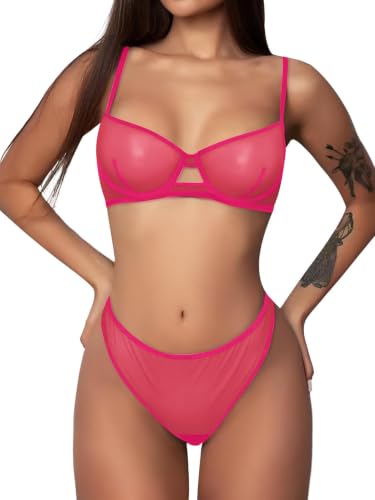 Image of Sexy Lingerie Set 2 Piece Women Matching Bra and Panty | Cheetah Mesh Sheer Exotic See Through Lace Push Up Underwire Outfit Halloween Christmas Valentine's Bachelorette