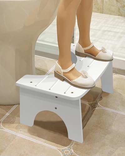 Bamboo Toilet Stool, 7\" Toilet Stool Squat Adults Kids, Portable Simple Curve Squat Toilet Potty Stool, Non-Slip Poop Stool for Bathroom, Improve Squatting Posture and Comfort (White)