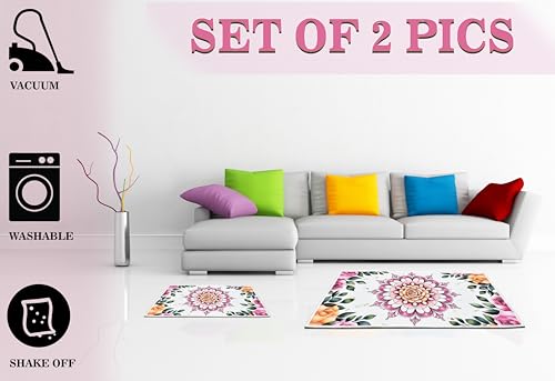 Image of Digital Printed Bathmat Set of 2 | Anti-Skid Mess Backing | Large & Small Combo | Water Absorbent, Quick Dry, Soft Floor Mat for Bathroom & Home Color - Floral Printed White and Pink