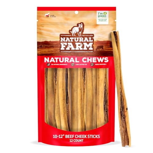 Natural Farm Bully Cheek Stick, 10-12 Inch (12-Pack)- Best Bully Stick Alternative, 100% Natural Beef Cheeks for Dogs- High Protein, Cleans Teeth Treats, Long Lasting Beef Chews for All Dog Sizes