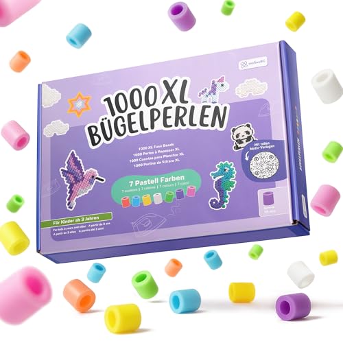molinoRC Große Bügelperlen 10mm [1000er Nachfüll Pack] in 7 PASTELL Farben - mit 30+ VORLAGEN-Download - XL Bügelperlen - Steckperlen groß ab 3 Jahren für einfaches Bügeln & Basteln - Maxi Perlen