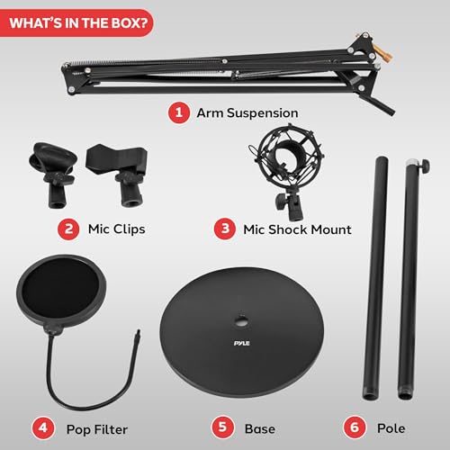 Image of Pyle Microphone Boom Suspension Stand - Scissor Arm Mic Mount w /Shock Mount, Integrated Pop Filter, 3.1' ft. Max Extension, Suitable for Podcast Recording, Broadcasting, Streaming, Stage & Studio Use