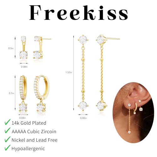 Image of Freekiss 3 Pairs Gold Hoop Earrings Set: Dainty Stud Earrings Trendy Small 14K Gold Plated Hypoallergenic Dangle Cartilage Huggie Hoop Earrings for Women Gold Jewelry for Women Gifts