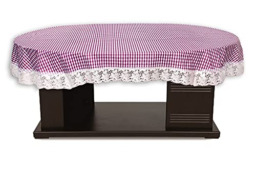 Image of The Furnishing Tree Waterproof PVC Oval Shaped 8 to 10 Seater Table Cover WxL 60x108 inches Pin Check Pattern Voilet with White Border lace