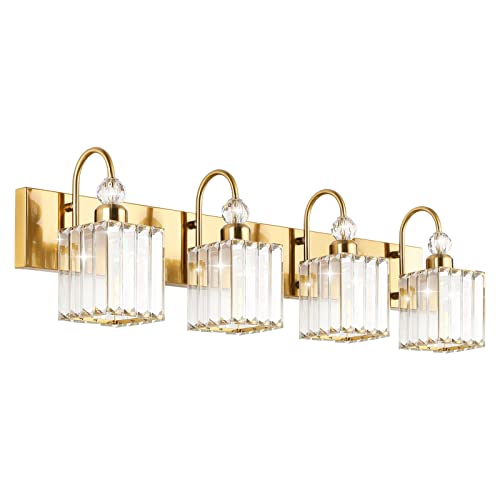 Image of Ralbay Crystal Gold Bathroom Vanity Lights 4-Lights Vanity Lights Over Mirror Modern Crystal Gold Bathroom Wall Lighting Fixtures