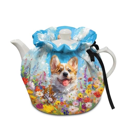 Image of Xoenoiee Cute Corgi Vibrant Flowers Print Tea Cozy Teapot Cover Thermal Insulation Tea Pot Cosy Teapot Cover Home Kitchen Table Tea Pot Cover Teapot Cozy Warmer