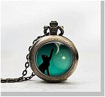 Black Cat Pendant Pocket Watch,Black Cat Print Necklace Pocket Watch Charm, Black Cat Print Pendant Pocket Watch Glass Tile Jewelry,Glass Black Cat Pocket Watch