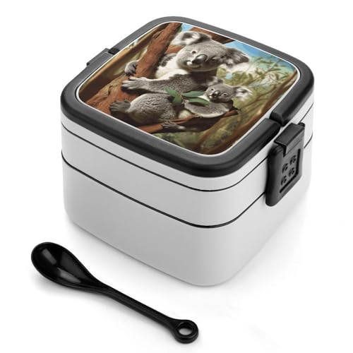BTCOWZRV Koala Family Bento Box with Compartments Double Layer Bento Lunch Box with Spoon And Handle All-in-One Adult Lunchbox Leakproof Lunch Container for Work Picnic Travel