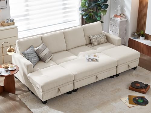 CHIC HOUSE Corduroy Modular Sectional Couch with Ottoman Chaise, L/U