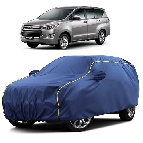 Image of Sulfar 100% Water Resistant Car Body Cover Compatible with Mirror for Toyota Innova (Triple Stitched, Full Bottom Elastic, Blue Taffeta with Yellow Piping)