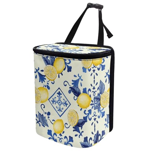 Image of Lemon Square Print Car Accessories Back Seat Multipurpose Car Trash Can with Lid, Leak Proof Waterproof Hanging Cars Garbage Can for Road Trip Travel