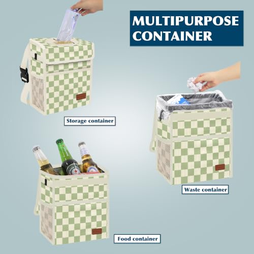 Image of Femuar Leak Proof Car Trash Can with Lid, Collapsible Hanging Waterproof Car Trash Bag with Mesh Pocket for SUV Front Seat Headrest, Beige Light Green Plaid