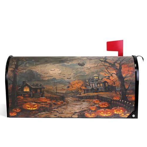 Image of Wamika Happy Halloween Magnetic Mailbox Covers Spooky Pumpkin Lantern Mailbox Cover Standard Size Full Magnet Garden Yard Porch Mail Boxes Cover Holiday Decorations 21 inch L x 18 inch W