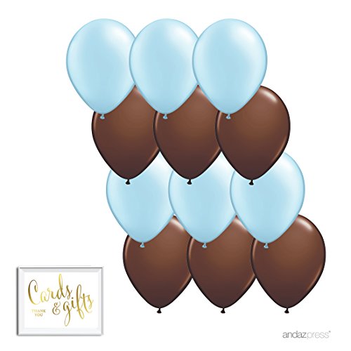 Andaz Press 11-inch Latex Balloon Duo Party Kit with Gold Cards & Gifts Sign, Baby Blue and Brown, 12-pk, Boy Jungle Safari Monkey Baby Shower 1st Birthday Decorations