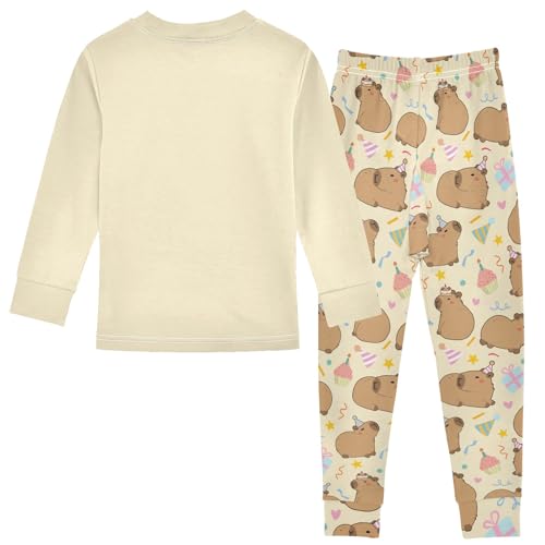 Cute Capybara Birthday Print Yellow Cute Pajama Sets Long Sleeve Top and Pants, Snug Fit Sleepwear for Night Wears2