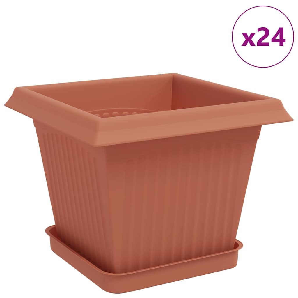 Lot de 24 pots de fleurs en plastique avec soucoupe - Rouge brique - 20 x 20 x 16 cm - Résistant aux intempéries - Pour l'intérieur et l'extérieur