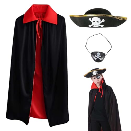 Mantello da pirata di Halloween con cappello da pirata e maschera per gli occhi, mantello da pirata per bambini, colore nero e rosso, molto adatto per il carnevale di Halloween, gioco di ruolo