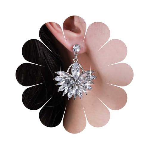 Aneneiceera Vintage Crystal Chandeliers Dangle Earrings Cluster Rhinestone Earrings Silver Crystal Fan Earrings Wedding Cz Earrings Jewelry for Women (Silver)