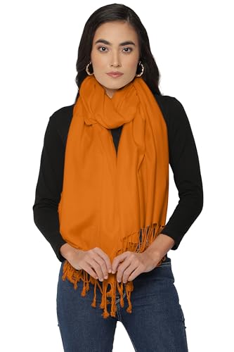 ALLEN & MATE Handcrafted Soft Pashmina Shawl Scarf Wrap Stole for Women in Solid Colors (Deep Saffron)