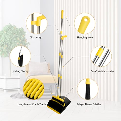 Image of Broom and Dustpan Set, Long Handle Lightweight Dustpans with Broom Combo for Home, Indoor&Outdoor Sweeping for Home Room Kitchen Office Lobby (Black Yellow)