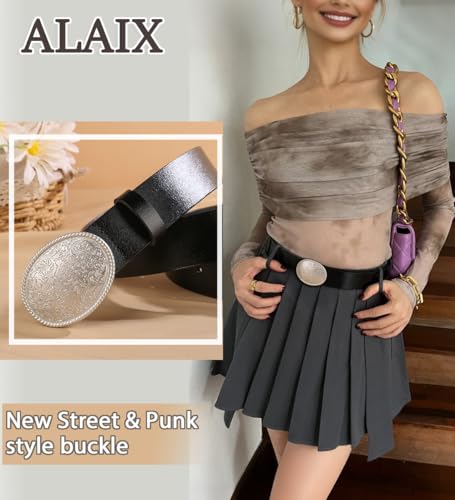 ALAIX Women's Black Leather Belt with Silver/Gold Buckle Western Jeans Y2K Punk Pants Belt Black and Silver Belts for Women2