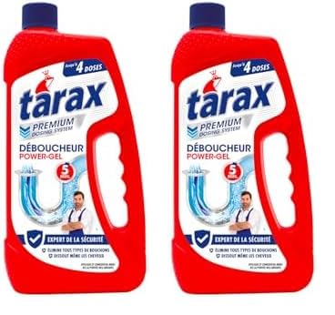 TARAX - Déboucheur Canalisation Power Gel - Élimine Tous Types de Bouchons - Action Chrono 5 Minutes - Flacon Avec Jauge Pratique - Rapide & Efficace - Jusqu'à 4 Doses de Gel - 1 Litre (Lot de 2)