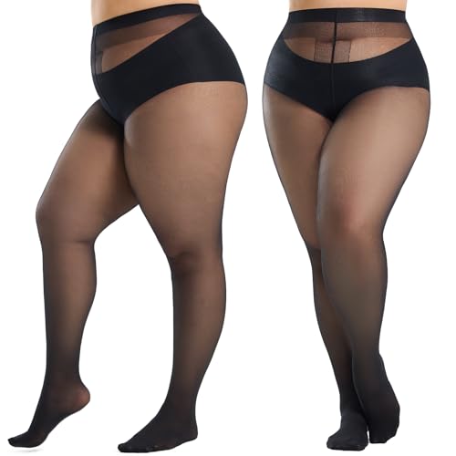 2 Pairs Plus Size Tights for Women, 40D Semi Sheer T-Crotch Pantyhose High Waist Stockings with Reinforced Toe