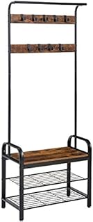 IBUYKE Coat Rack Stand, Industrial Coat Tree, Free Standing Hall Tree, Metal Coat Rail, Coat Stand with 9 Removable Hooks, Bench and Shoe Rack, 72.5x35 x185 cm, TMJ001H