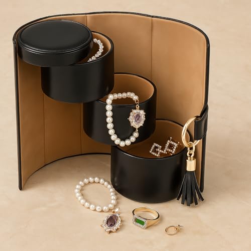 Image of Luxury Travel Jewelry Organizer Case - 3-Layer Cylinder Storage Box for Rings, Earrings, Bracelets - Portable PU Leather Case for Women & Girls (Solid Black)