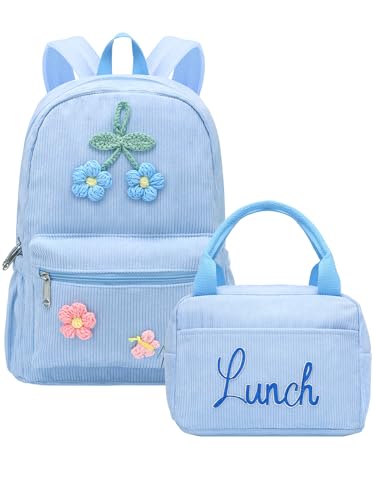 Dansydaisy Conjunto de mochila escolar de veludo cotelê para meninas e lancheira com flor de crochê para presente de volta às aulas, Azul, 10.24 x 13.78 x 4.72 inches/ 26 x 35 x 12 cm, Calcinha
