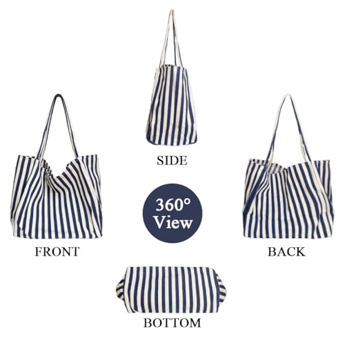 Image of Striped Canvas Tote Handbag for Women Vertical Stripe Large Capacity Shoulder Bag for Shopping Travel