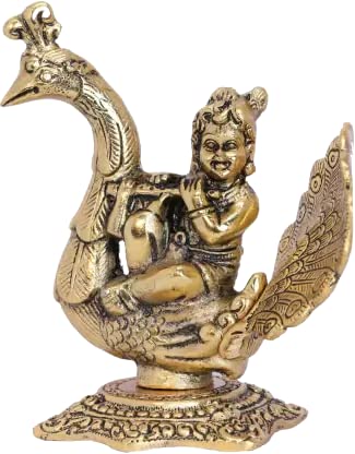 Image of KridayKraft Lord Krishna Sitting on Peacock Metal Statue Krishna Idol Playing Flute Decorative Showpiece - 15 cm (Aluminium, Gold)
