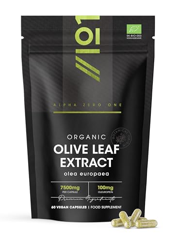 Organic Olive Leaf Extract 7500mg Standardised 20% Oleuropein 60 Vegan Capsules (2 Months Supply) Resealable and Recyclable Pouch by Alpha01