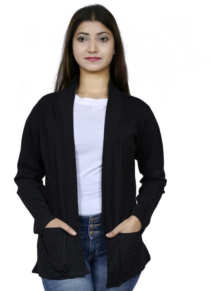 kg best collection Women Cotton Shawl Collar Pocket Shrug (Small, Black)-picture-37