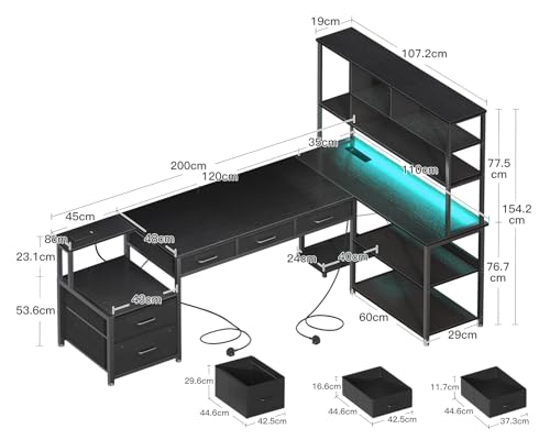 Coleshome L Shaped Corner Desk with Drawers, Reversible Home Office Computer Desk with Storages & Shelves, Gaming Table with LED Lights & Power Outlets Black, 200 × 110 cm