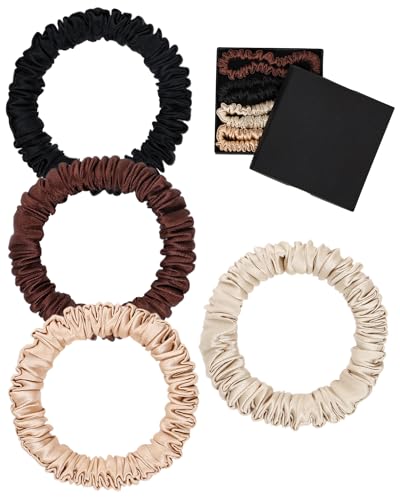 lulir Pack de 4 Coleteros de Seda Natural 100% Mora 16 Momme, Gomas de Pelo Seda Antirotura para Mujer, Scrunchies Pelo Antifrizz para Dormir y Diario, Tonos Chocolate y Tierra