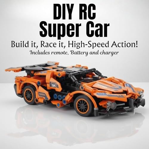 Image of RC Remote Control Engineering Model Car Creative Assembly Toy Kit 2.4GHz Rechargeable Sports Car Toy with Openable Doors & High Speed Racing DIY Model Kit for Kids (Block Rc Car Orange)