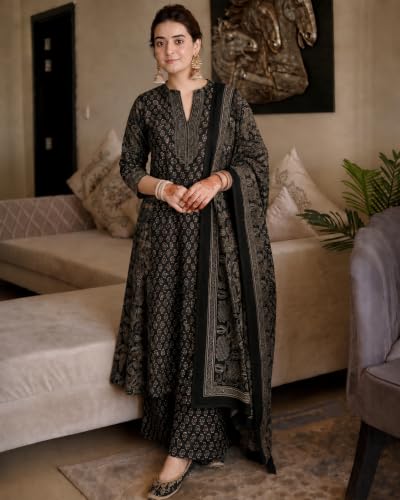 Image of GoSriKi Kurta Sets for Women Viscose Blend Printed | Kurti Set for Woman | Kurta Palazzo Dupatta Set | A Line Kurti | Mandarin Collar 3 /4 Sleeve Suit Set for Women Stylish Ethnic Outfit