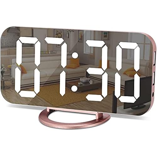 SZELAM Alarm Clock for Bedroom,LED and Mirror Digital Clock Large Display,with Dual USB Charger Ports,Auto Dim,Snooze Mode,Modern Desk/Wall Electronic Clock for Girl Woman Mom Teens - Rose Gold