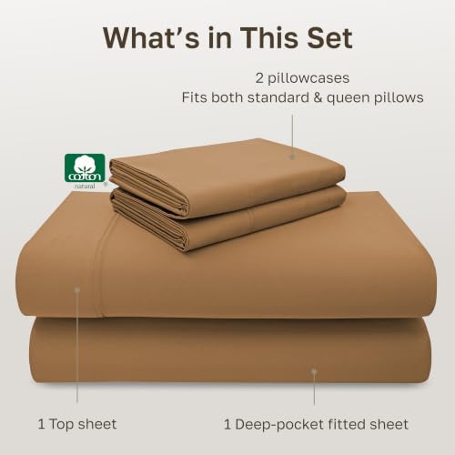 Image of California Design Den 100% Cotton Deep Pocket Queen Sheets Set - Luxury 600 Thread Count, Cotton Sateen Sheets Queen, Soft and Durable Bedding - Honey Caramel