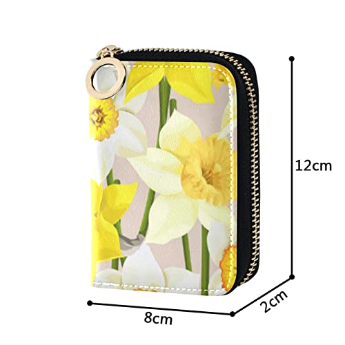 Seamless White and Yellow Daffodils Flowers Texture Grey Credit Card Coin wallet, RFID Blocking Compact Women Leather Card Holder, Key Change Organizer, Zipper Purse Clutch Pouch4