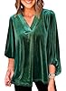 Womens Green Velvet Tops V Neck 3/4 Puff Sleeve Fa... #3