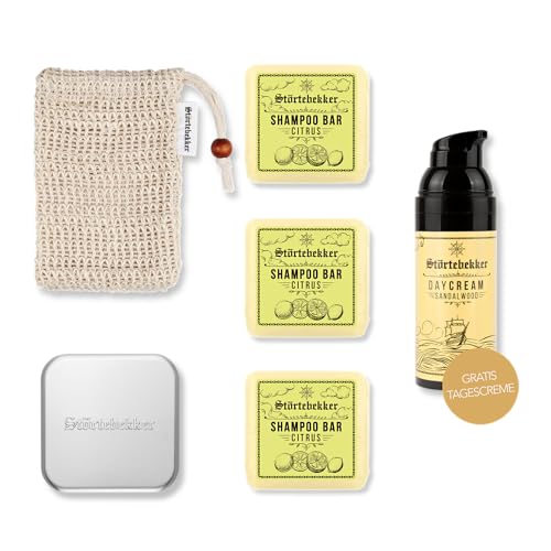 Störtebekker® - Set de ducha, champú fijo Citrus (x3), bolsa de sisal, jabón + crema de día gratis, set de barra de champú para cabello, cara y cuerpo, hecho a mano en jabón