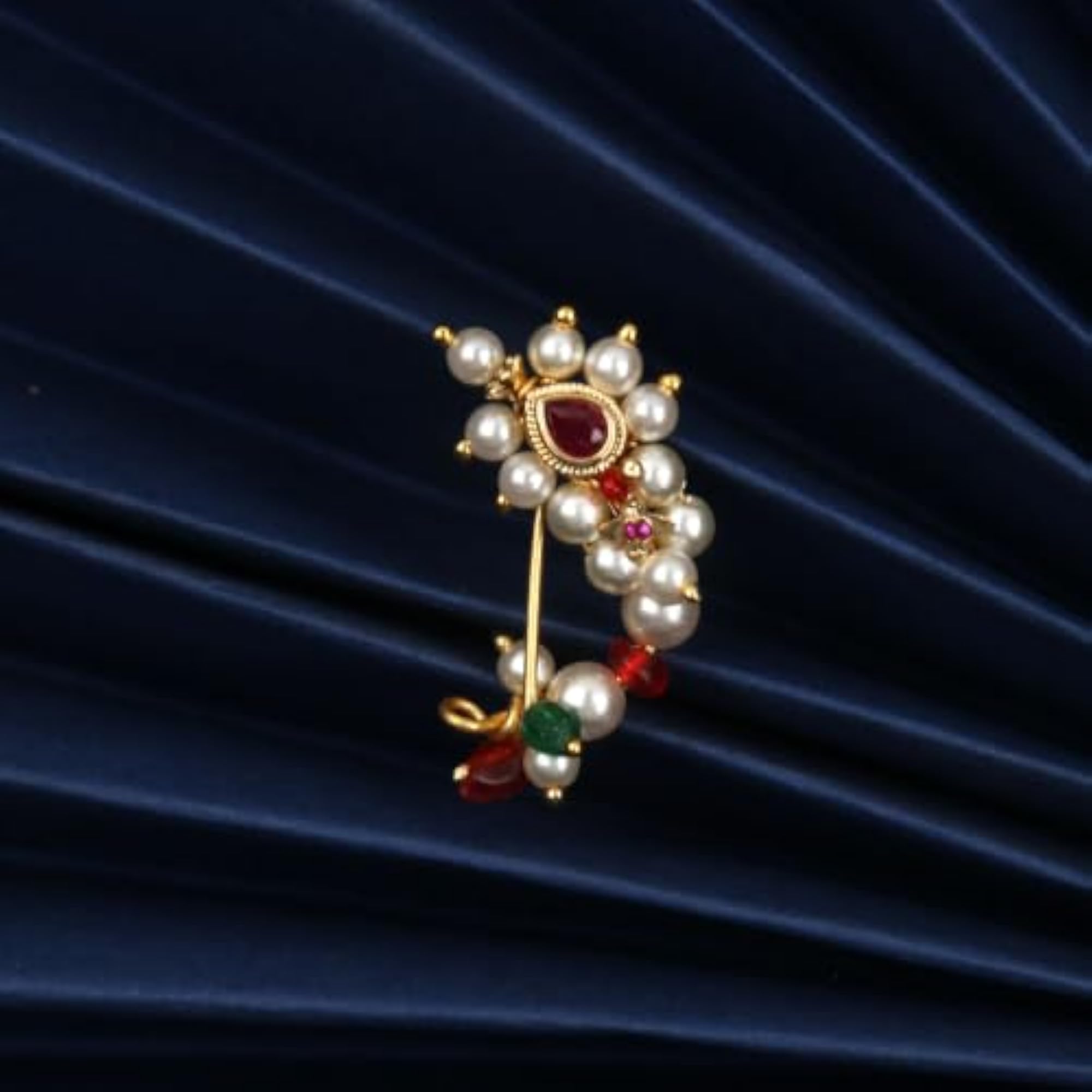 Maharashtrian Pink Stone & Bead Stud Nose Pin for Girls
