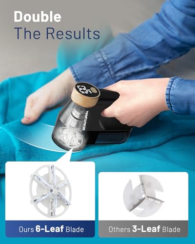 Image of BEAUTURAL Fabric Shaver, Rechargeable Lint Remover, Electric Portable Sweater Defuzzer with 3 Speeds, 6 Leaf Blades, Digital LED Display, Remove Pilling for Clothes, Furniture, Sweater, Couch, Blanket