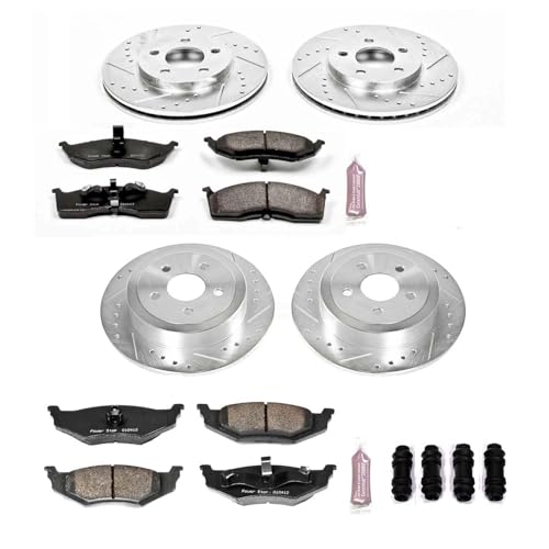 Image of PowerStop Front and Rear Brake Kit for Dodge Neon 2000-05 | Plymouth Neon 2000-01 - Drilled and Slotted Disc Rotors with Carbon-Fiber Ceramic Brake Pads Replacement, K2734