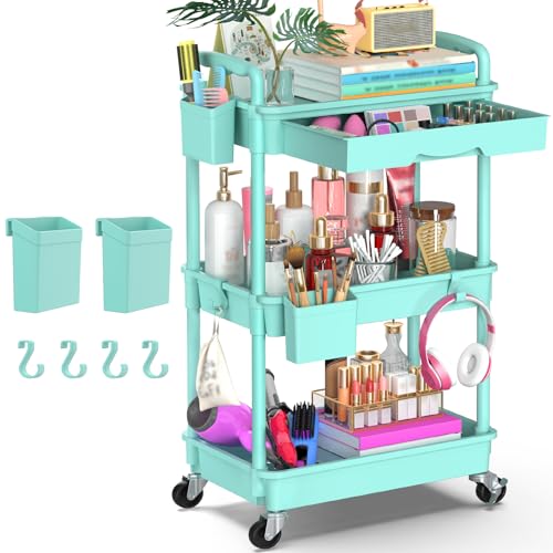 Yeabett 3 Tier Craft Trolley, Storage Trolley On Wheels Utility Cart With Drawer For Kitchen, Bathroom, Office, Living Room, Blue