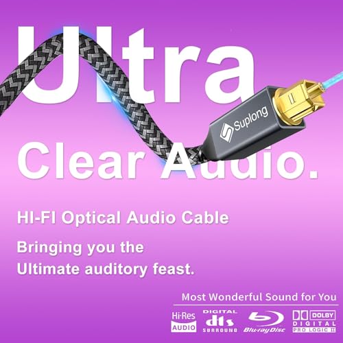 Suplong Optical Audio Cable,[24K Gold-Plated, Nylon Braided] 10ft/3M Digital Optical Audio Cable for Soundbar TV [S/PDIF] LG/Samsung/Sony/Bose/Vizio/Sonos, Xbox, PS4